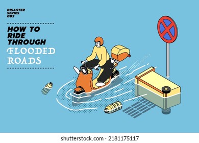 Flat modern illustration concept of flooded car or motorcycle on the street of the city. Street after heavy rain. Floating garbage and car during deluge in high water, overflow and big wave.