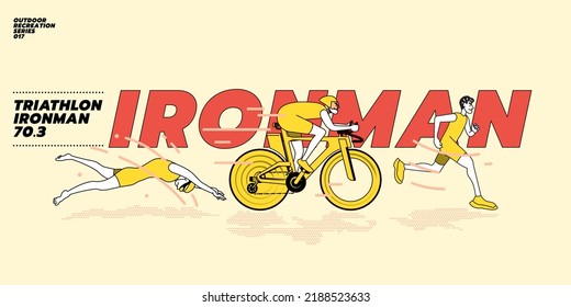 Flat modern illustration concept of Triathlon, swim bike run. A triathlete man running biking and swimming in ocean. Panorama layout. Three pictures composite of professional fitness athlete.