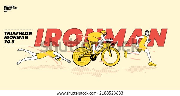 Flat modern illustration concept of Triathlon,
swim bike run. A triathlete man running biking and swimming in
ocean. Panorama layout. Three pictures composite of professional
fitness athlete.