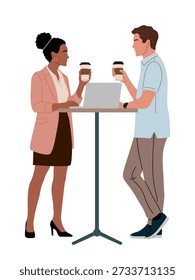 Flache moderne Illustration eines vielfältigen Mannes und einer Frau mit einem lässigen Geschäftstreffen an einem Stehtisch mit Laptop und Kaffeetassen.