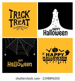 Flat modern illustration for Halloween. Spooky quotes with witches hat and scary pumpkin and ghost silhouette. Party lettering, calligraphy. Fall vector illustrations.Vector EPS 10.