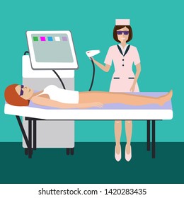 Flat modern illustration for laser hair removal, cosmetology, medicine on white background. The girl on the couch in the spa salon and her cosmetologist.