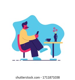 Flat, modern illustration of a man sitting on the chair at cafe.