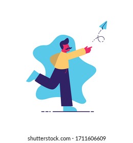 Ilustración plana y moderna de un hombre que arroja un avión