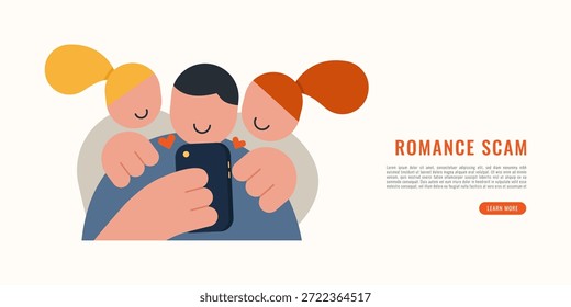 Ilustração moderna plana de um homem usando smartphone cercado por amantes falsos, representando embuste de romance, fraude de namoro on-line, crime cibernético e conceito de engano digital.
