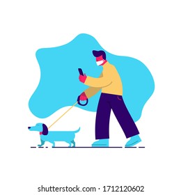 Flat, modern illustration of a man walking a dog.