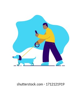Flat, modern illustration of a man walking a dog.