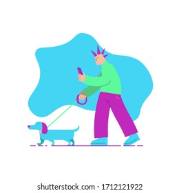 Flat, modern illustration of a man walking a dog.