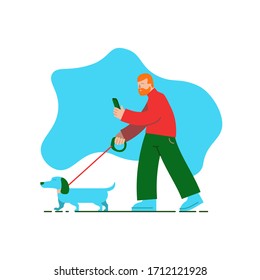 Ilustración plana y moderna de un hombre caminando por un perro.