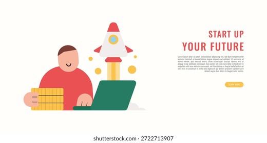 Ilustración moderna plana de un hombre que trabaja en la computadora portátil con lanzamiento de cohetes y monedas, que representa el negocio de inicio, la inversión, la innovación, el crecimiento y el concepto de éxito futuro.