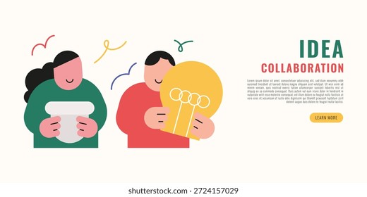 Ilustración moderna plana de personas que colaboran y comparten ideas con una bombilla, que representa el trabajo en equipo, la creatividad, la innovación, la lluvia de ideas y el concepto de colaboración empresarial.