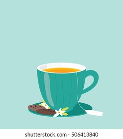Flat modern illustration of the single tea mug on the blue background.
Organic healthy drink served with chocolate cookies.
Text space on the top of the image.