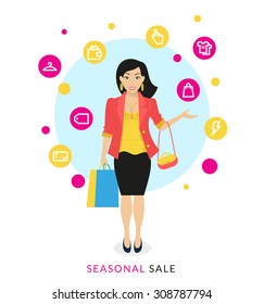 Flat modern illustration of smiling woman doing shopping with commercial icons