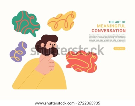 Flat modern illustration of a thoughtful man reflecting on ideas, abstract speech bubbles floating around, representing meaningful conversation, communication, thinking, and creativity.