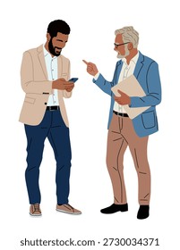 Flache moderne Illustration von zwei Männern in Business-Freizeitkleidung mit einer Diskussion, sauber minimalistischen Stil auf weißem Hintergrund.