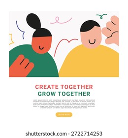 Ilustración moderna plana de dos personas colaborando y compartiendo ideas con gestos de mano y Formas abstractas, que representan el trabajo en equipo, la colaboración, la asociación y el concepto de crecimiento empresarial.