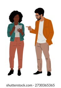 Flat modern illustration of two professionals in a casual business discussion, clean minimalist style on white background.