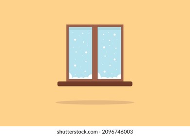 Flache moderne Illustration, Fenster an der Wand, fallender Schnee, Schatten, Vektorgröße.
