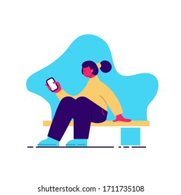 Flat, modern illustration of a woman sitting on the bench.