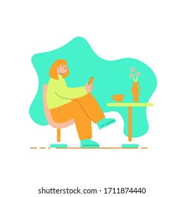 Flat, modern illustration of a woman sitting on the chair at cafe.