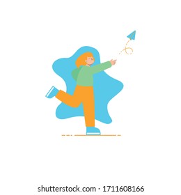 Flat, modern illustration of a woman throwing a plane