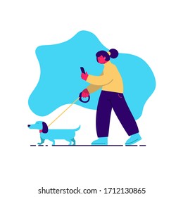 Flat, modern illustration of a woman walking a dog.