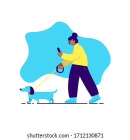 Flat, modern illustration of a woman walking a dog.