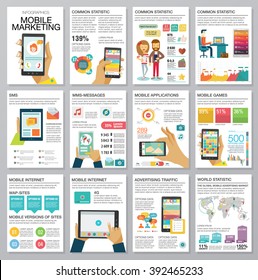 Flat modern infographics set with charts, icons, map, diagrams, other elements. Design style concept of digital advertising technologies on mobile devices. People use smartphone. Vector illustration.