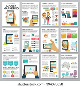 Flat modern infographics set with charts, icons, map, diagrams, other elements. Design style concept of digital advertising technologies on mobile devices. People use smartphone. Vector illustration.