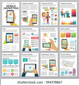 Flat modern infographics set with charts, icons, map, diagrams, other elements. Design style concept of digital advertising technologies on mobile devices. People use smartphone. Vector illustration.