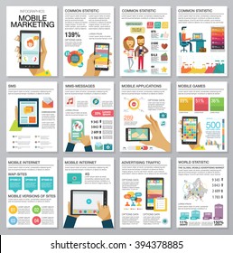 Juegos de infografías planos modernos con gráficos, iconos, mapas, diagramas, otros elementos. Concepto de diseño de tecnologías de publicidad digital en dispositivos móviles. La gente usa smartphone. Ilustración vectorial.