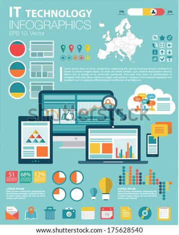 Flat modern infographics set and icons IT tehnology. Europe Map, Flat Icon and Information Graphics