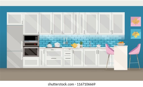 Flat modern interior kitchen room in turquoise tones. Kitchen utensils and appliances in the background tiles. Casserole, kettle in kitchen set with built-in table Flat isolated cartoon illustration.