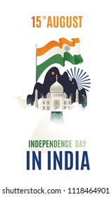 Flat modern isolated design Happy Independence day India, Vector illustration, Flyer design for 15th August. flag vector flag agra. vector taj mahal moon flag on the background