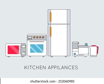 Flat modern kitchen appliances background concept. Vector illustration design. Thin lines outline style