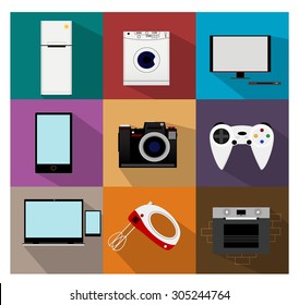 Flat modern kitchen appliances such as refrigerator, washing machine, TV, computer, mixer, phone, camera, cooker, game console, laptop Vector