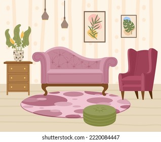 Flat Modern Living Room Interior, Cozy Apartment Furniture. Cartoon Trendy Home Furniture, Comfy Sofa, Armchair And Rug Vector Background Illustration. Living Room Scene