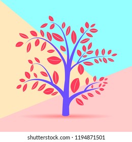 flat modern minimal abstract autumn tree silhouette illustration icon with shadow on blue and pink pastel colored background