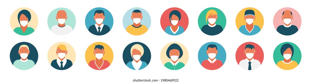 Flache moderne minimale Avatar-Symbole mit medizinischer Maske. Geschäftskonzept, globale Kommunikation. Benutzerprofil der Website Soziale Medien, Netzelemente.