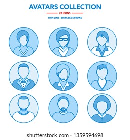 Flat modern minimal line avatar icons. Business concept, global communication. Web site user profile. Social media, network elements.