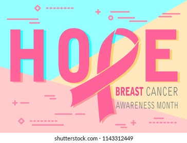 Flat modern minimal pink hope breast cancer awareness tape icon on blue and yellow pastel colored background