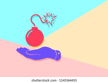 flat modern minimal red bomb with hand icon with shadow on blue and pink pastel colored background