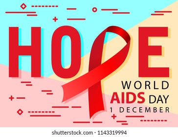 Flat modern minimal red hope world aids day 1 december awareness tape icon on blue, pink and yellow pastel colored background