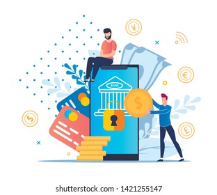 Flat Modern Mobile Banking Vector Illustration. Secure Entry to Banking System Through an Online Application. On Screen Smartphone Keyhole for Key. Service Mobile Money Guarded Cartoon.
