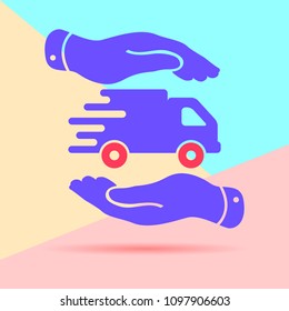 Flat modern pastel colored art design of two hands with flat truck pictogram on pink and blue background