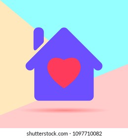 flat modern pastel colored house with heart icon with shadow on blue and pink background