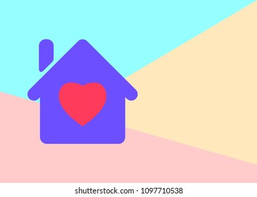flat modern pastel colored house with heart icon with shadow on blue and pink background