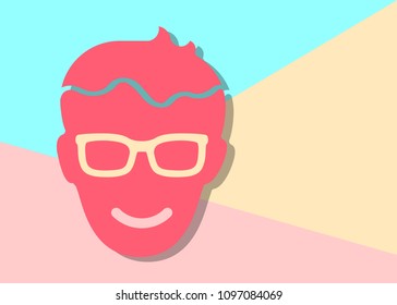 flat modern red happy head of man with glasses icon with shadow on blue and pink pastel colored background