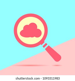 flat modern red magnifying glass with cloud icon on blue and pink pastel colored background