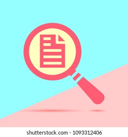 flat modern red magnifying glass search icon with page with shadow on blue and pink pastel colored background